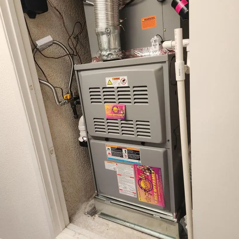 Upflow HVAC furnace system installed in closet space