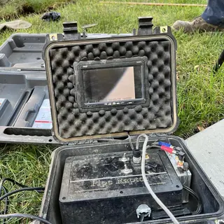 Main sewer line camera inspection equipment on grass