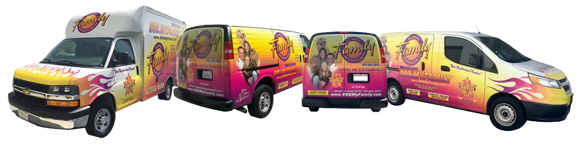 Family Plumbing, Heating & Air service fleet: wrapped vans and box truck