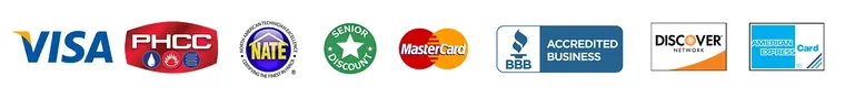 Accepted cards and affiliations: Visa, MasterCard, Discover, American Express, PHCC, NATE, BBB